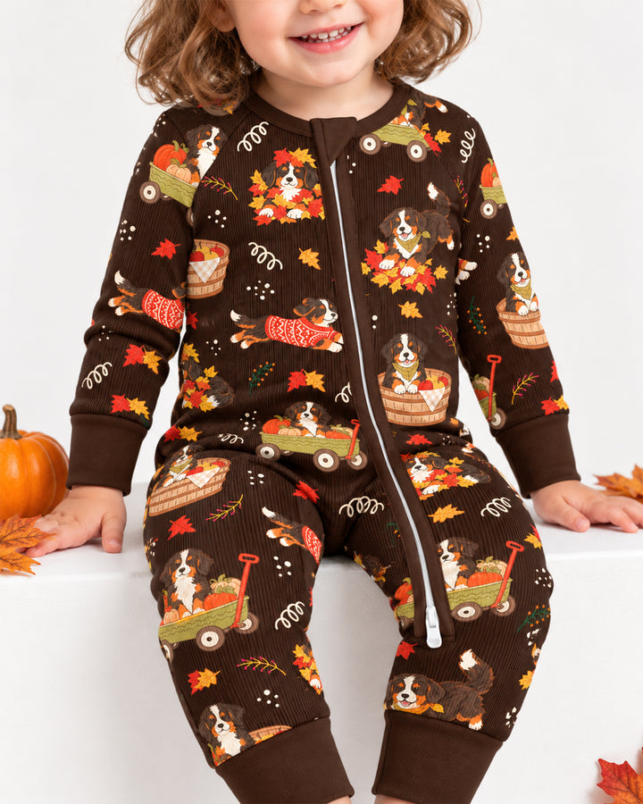 Fall Dogs Playing in Leaves Bamboo Two Piece Long Sleeve Pajama Set
