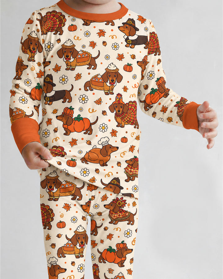 Thanksgiving Dachshund Bamboo Two Piece Long Sleeve Pajama Set