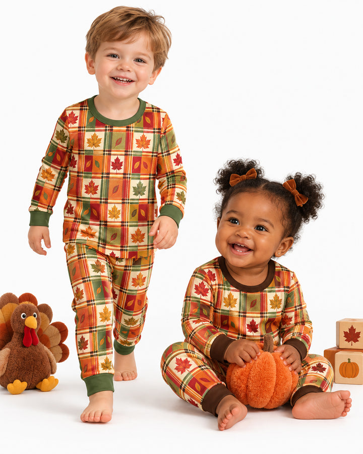 Maple Leaf Fall Vintage Plaid Bamboo Two Piece Long Sleeve Pajama Set