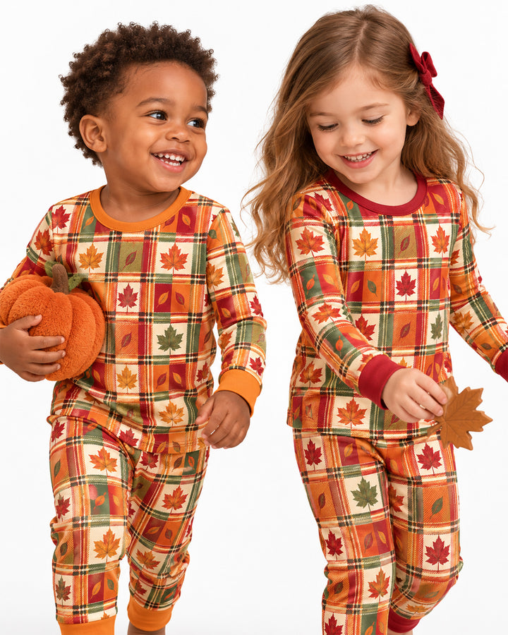 Maple Leaf Fall Vintage Plaid Bamboo Two Piece Long Sleeve Pajama Set