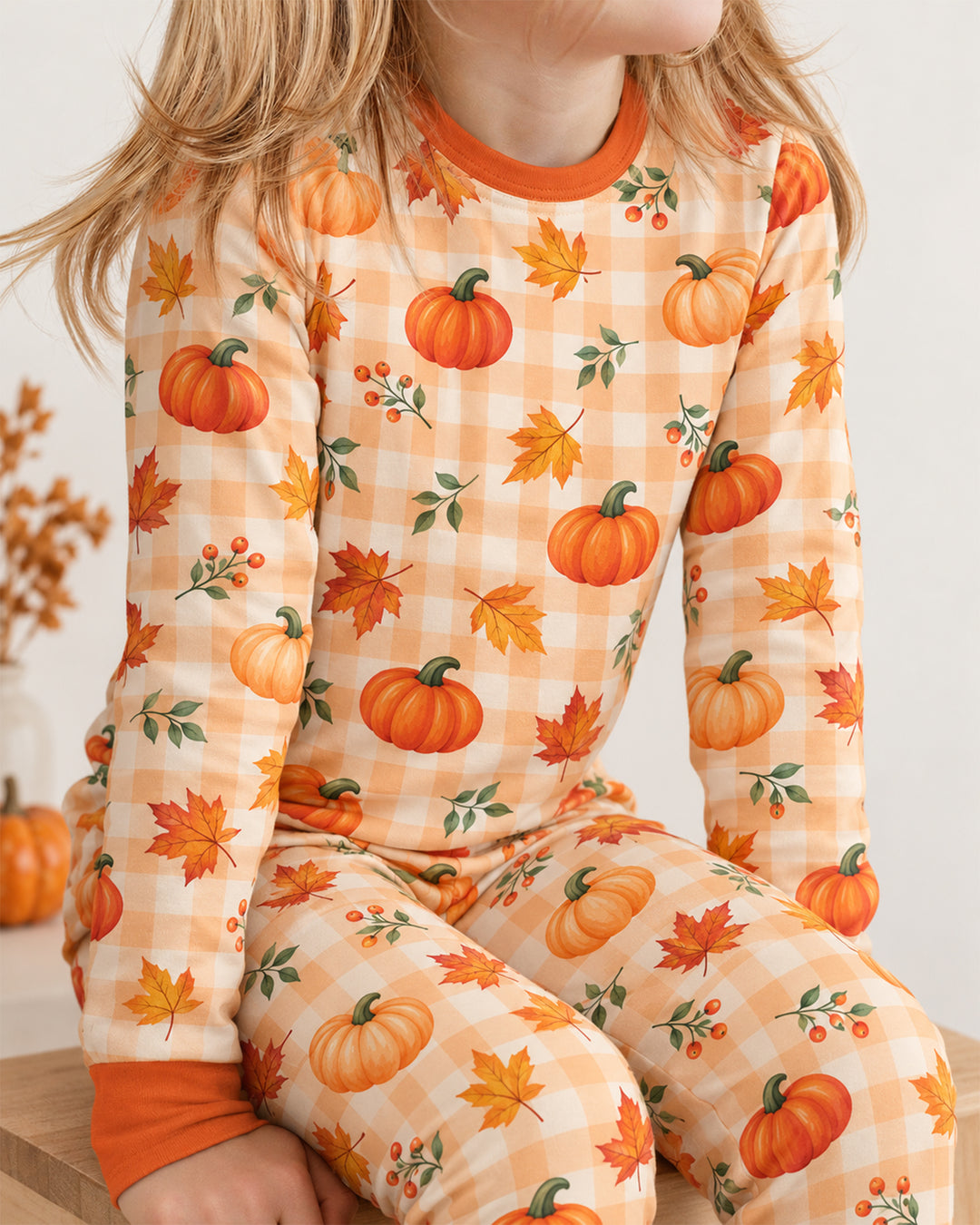 Cute Fall Pumpkin Leaves Gingham Bamboo Two Piece Long Sleeve Pajama Set