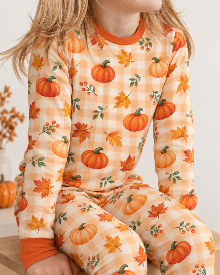Cute Fall Pumpkin Leaves Gingham Bamboo Two Piece Long Sleeve Pajama Set