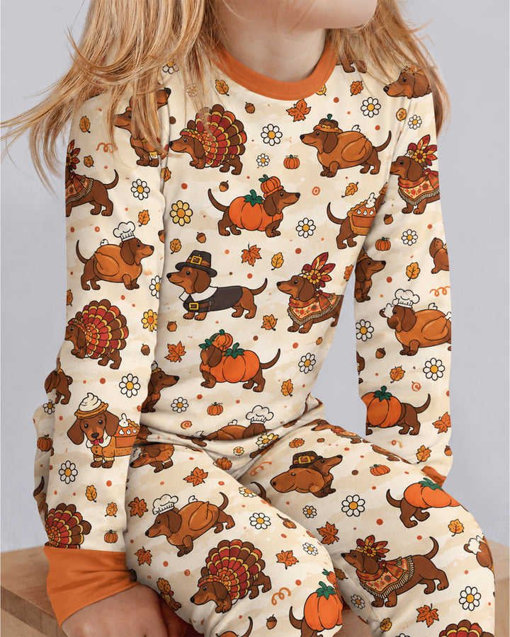 Thanksgiving Dachshund Bamboo Two Piece Long Sleeve Pajama Set
