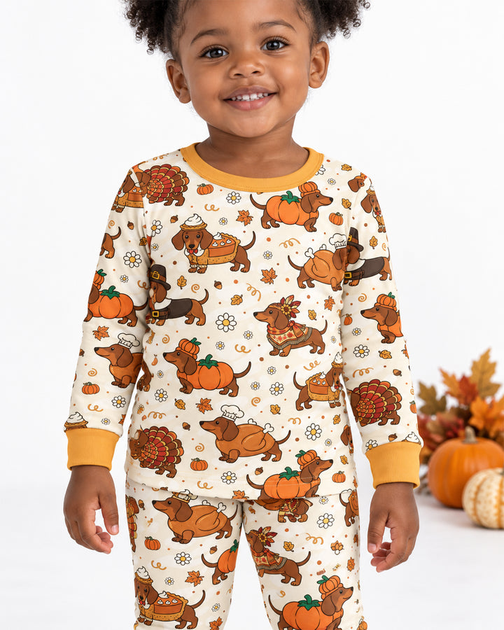 Thanksgiving Dachshund Bamboo Two Piece Long Sleeve Pajama Set