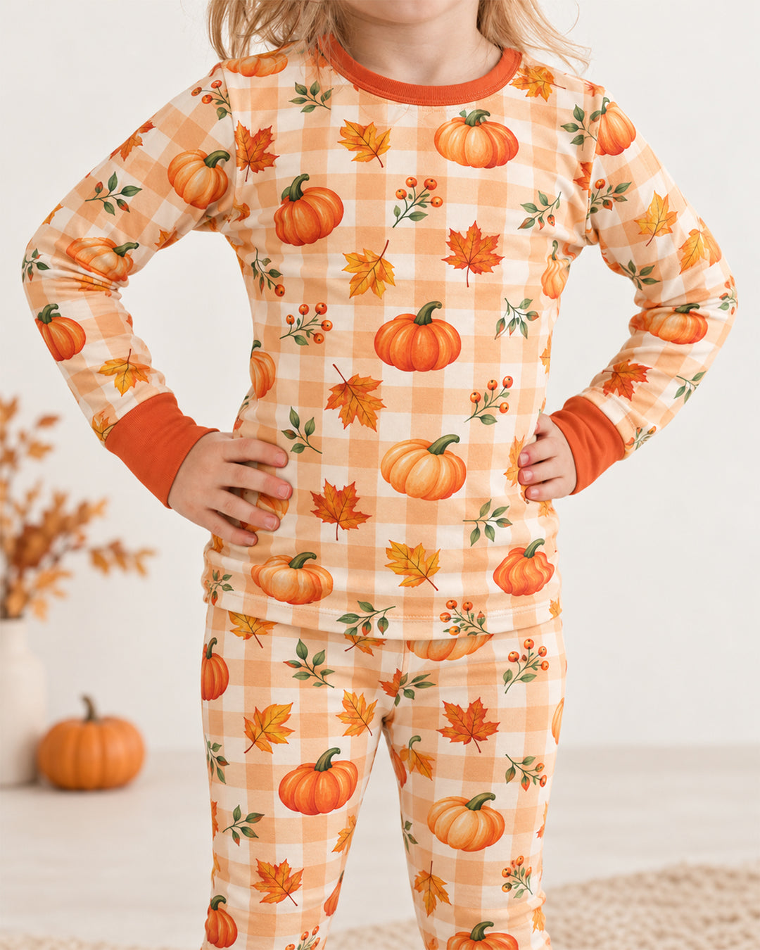 Cute Fall Pumpkin Leaves Gingham Bamboo Two Piece Long Sleeve Pajama Set