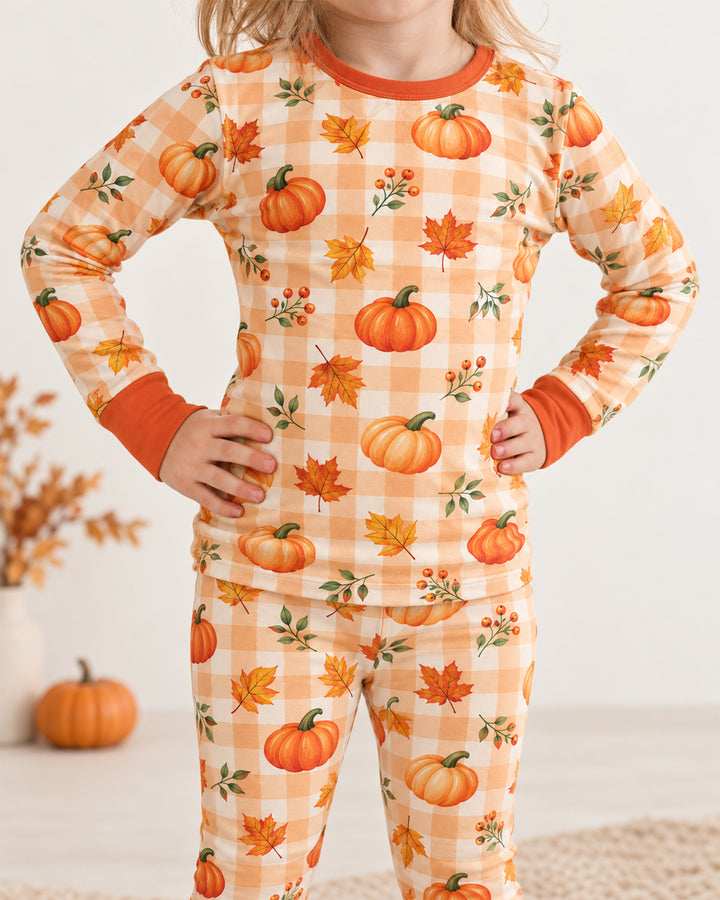 Cute Fall Pumpkin Leaves Gingham Bamboo Two Piece Long Sleeve Pajama Set