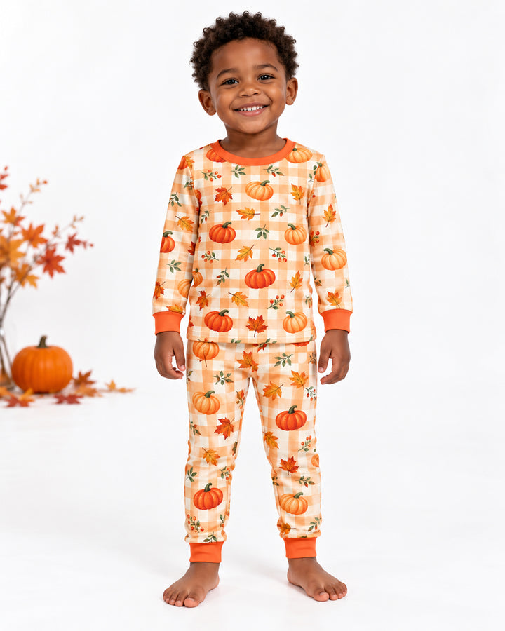 Cute Fall Pumpkin Leaves Gingham Bamboo Two Piece Long Sleeve Pajama Set