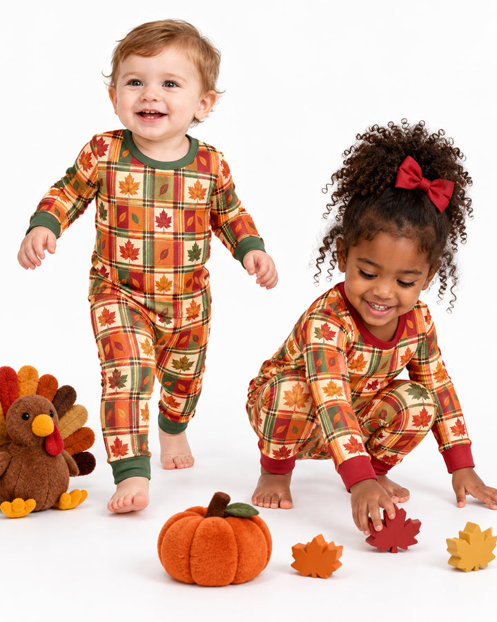 Maple Leaf Fall Vintage Plaid Bamboo Two Piece Long Sleeve Pajama Set