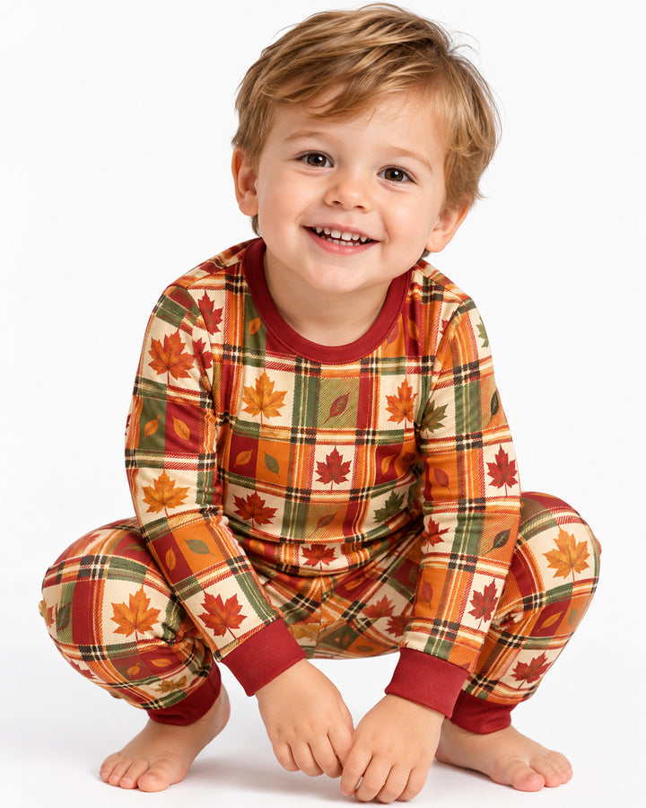 Maple Leaf Fall Vintage Plaid Bamboo Two Piece Long Sleeve Pajama Set
