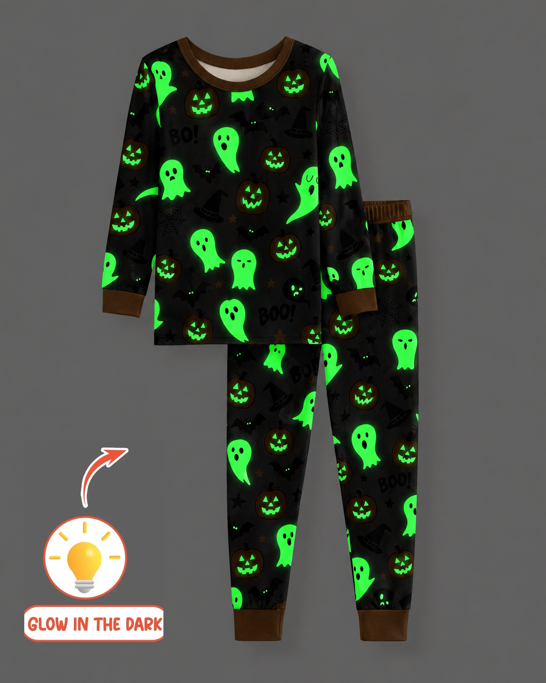 Halloween Boo & Kürbis im Dunkeln leuchtendes zweiteiliges Bambus-Schlafanzugset mit langen Ärmeln