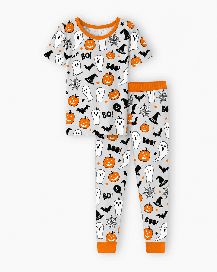 Halloween Boo & Pumpkin Glow In The Dark Zweiteiliger Schlafanzug mit kurzen Ärmeln aus Bambus