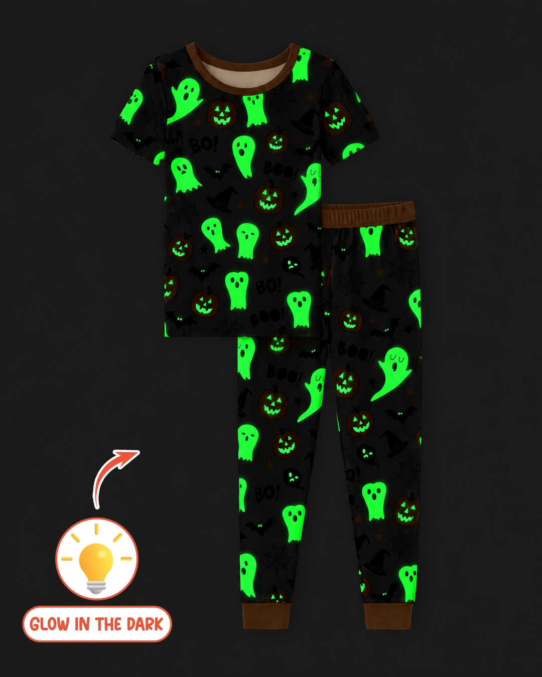 Halloween Boo & Pumpkin Glow In The Dark Zweiteiliger Schlafanzug mit kurzen Ärmeln aus Bambus