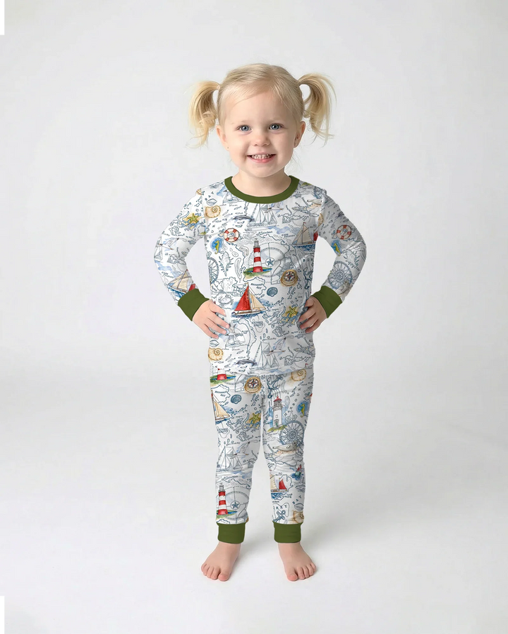 Seaside Adventure Map Bamboo Two Piece Long Sleeve Pajama Set