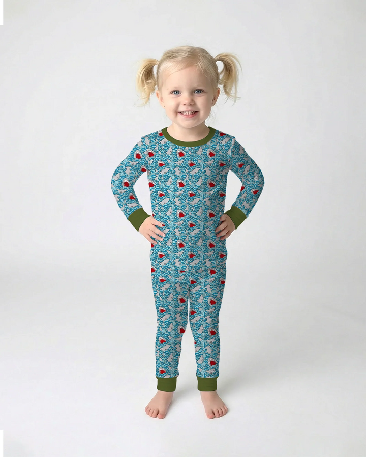Shark Wave Rush Bamboo Two Piece Long Sleeve Pajama Set