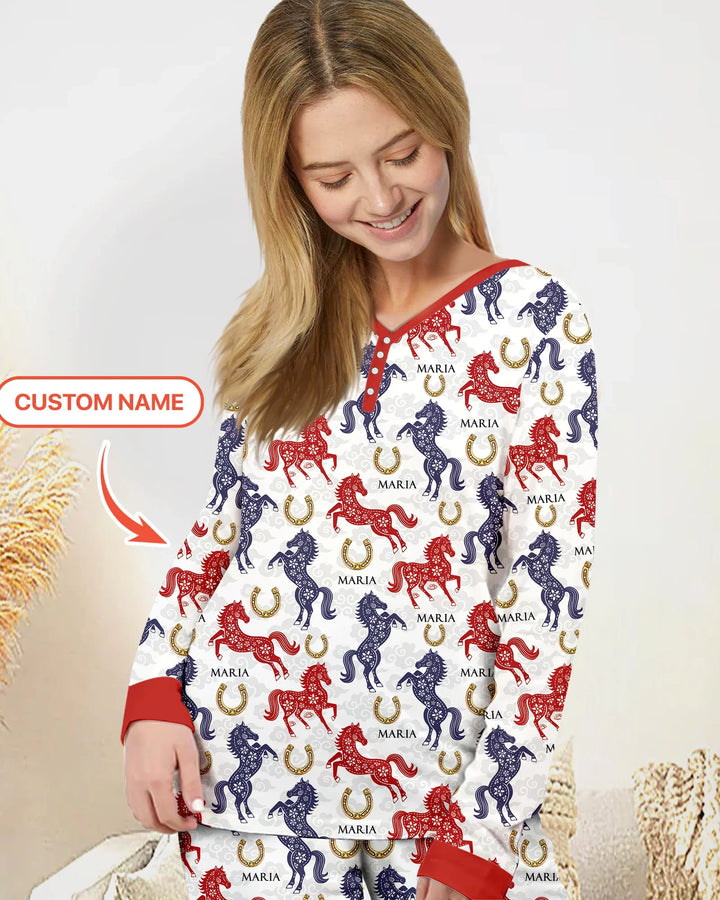 Benutzerdefinierter Name Chinoiserie Pferde Bambus Damen Schlafanzug Set