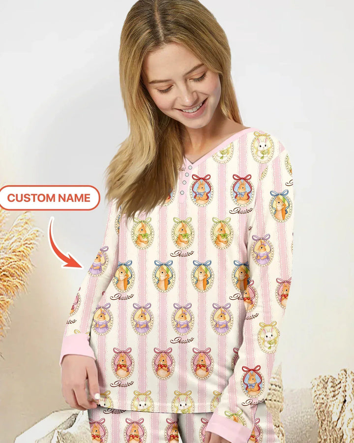 Personalisierter Name Vintage Osterhase Bambus Damen Pyjama Set