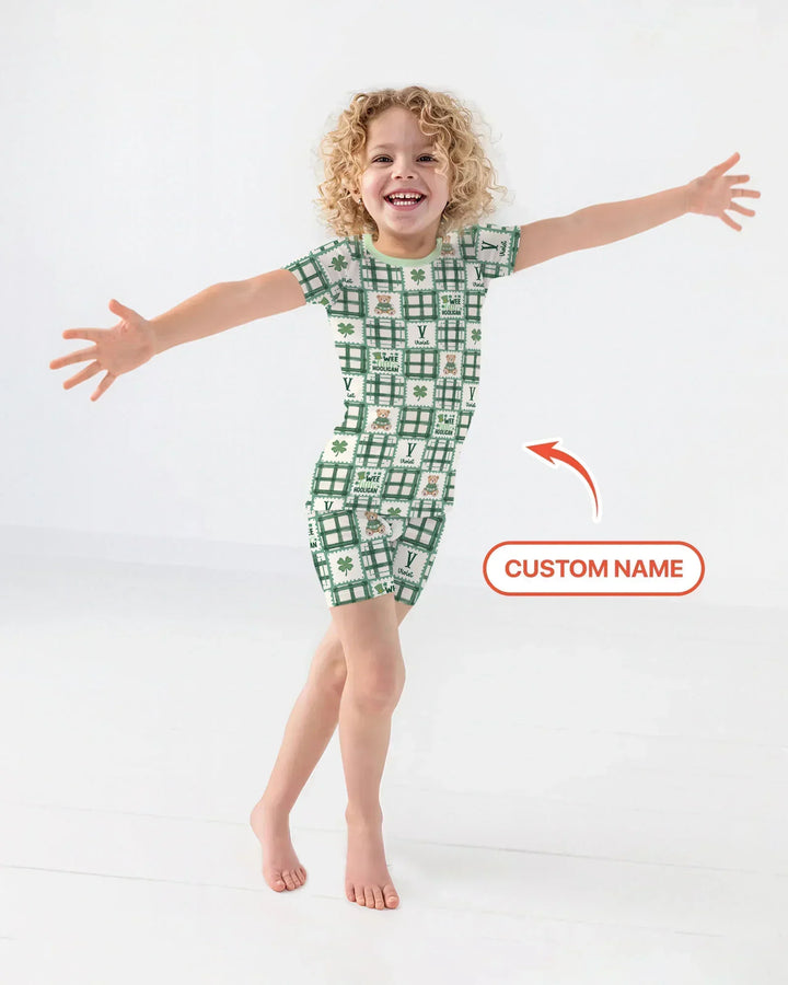 Custom Name Teddy Bear Gingham St. Patrick's Day Bamboo Two Piece Short Sleeve Shorts Pajama Set