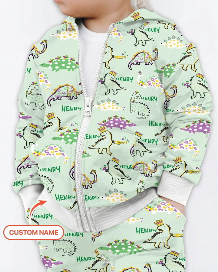 Personalisierter Name Mardi Gras Saurus Kapuzenpullover aus Bambus mit Reißverschluss