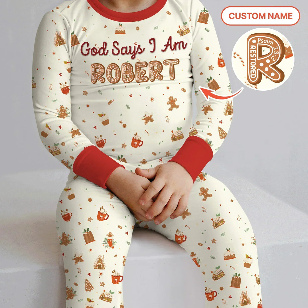 GingerBread God Says I Am Custom Name Two Piece Long Sleeve Pajama Set , GingerBread God Says I Am Custom Name Two Piece Long Sleeve Pajama Set - 12-18M