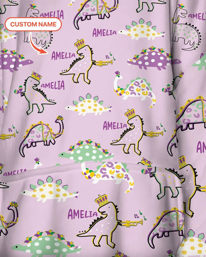 Personalisierte Mardi Gras Saurus tragbare Bambus-Decken-Hoodie