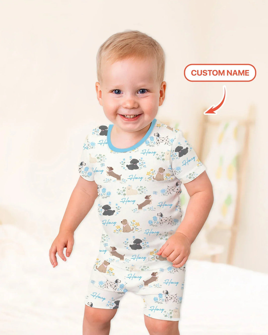 Custom Name Flower Dogs Bamboo Two Piece Short Sleeve Shorts Pajama Set