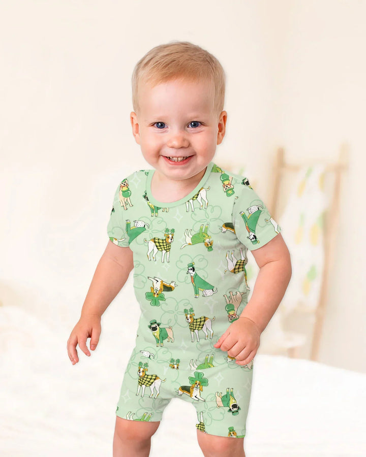 St. Patrick's Day Puppies Bamboo Two Piece Short Sleeve Shorts Pajama Set