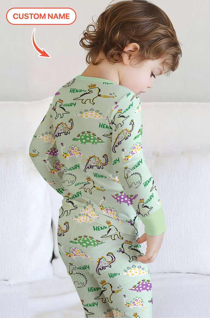 Custom Name Mardi Gras Saurus Bamboo Two Piece Long Sleeve Pajama Set