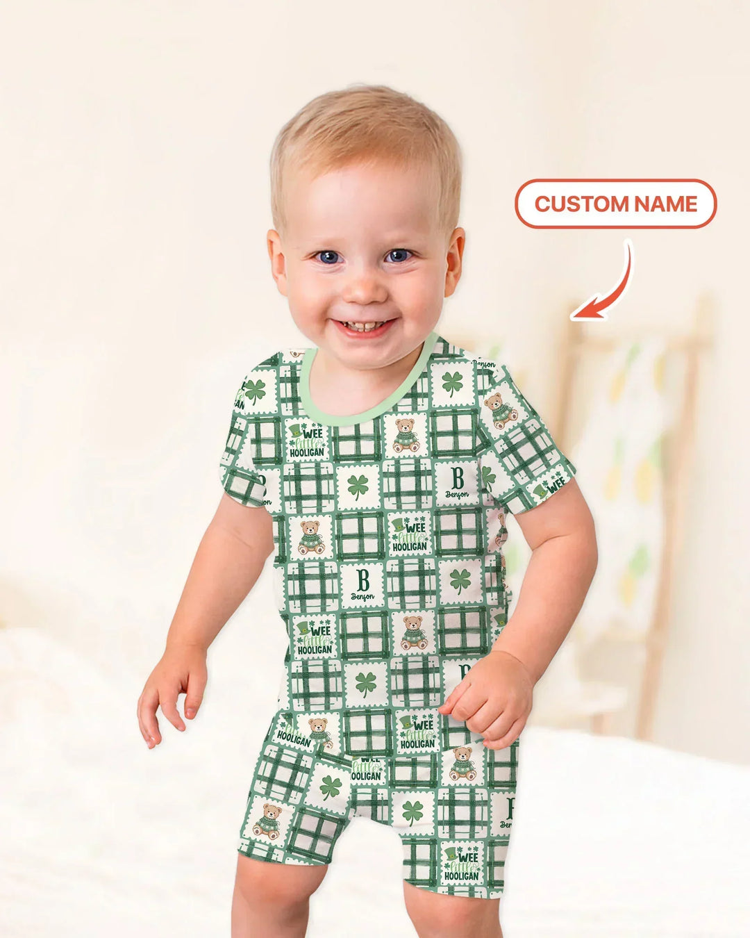 Custom Name Teddy Bear Gingham St. Patrick's Day Bamboo Two Piece Short Sleeve Shorts Pajama Set
