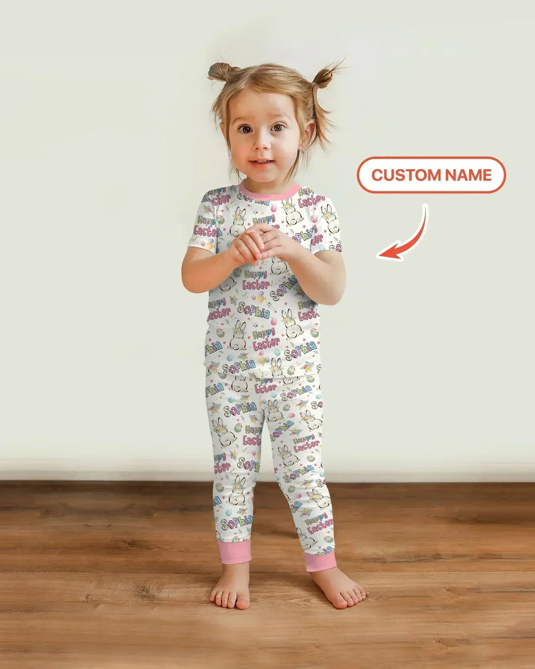 Personalized Happy Easter Bunny Bamboo Two Piece Short Sleeve Pajama Set