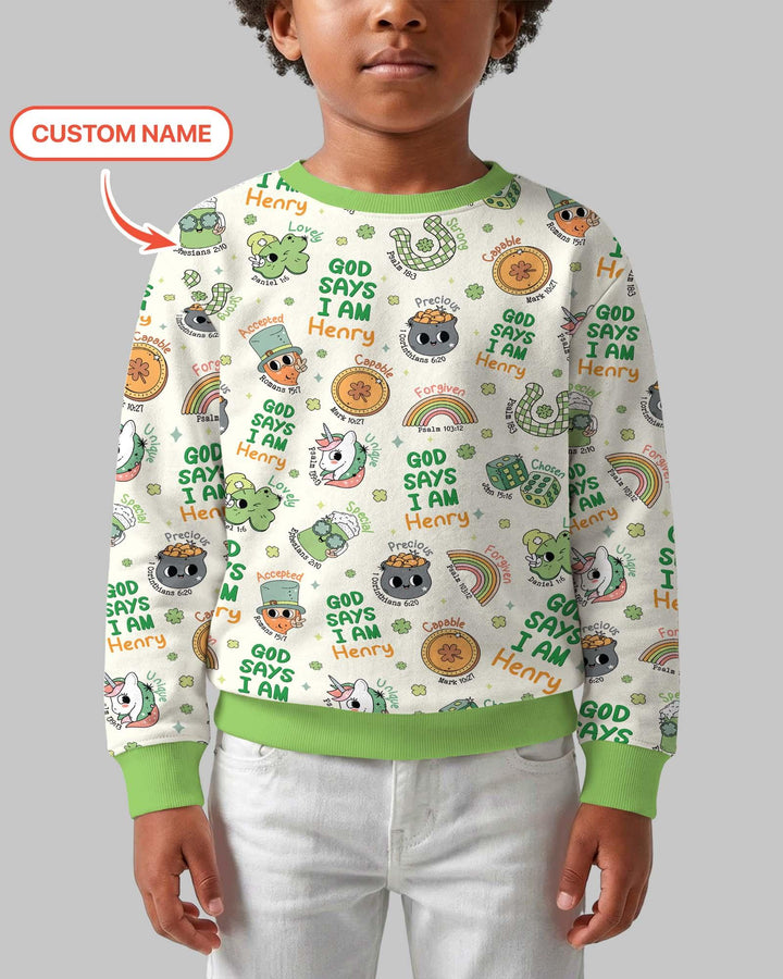 Personalisiertes "Gott sagt, ich bin"-Familien-Sweatshirt aus Bambus zum St. Patrick's Day
