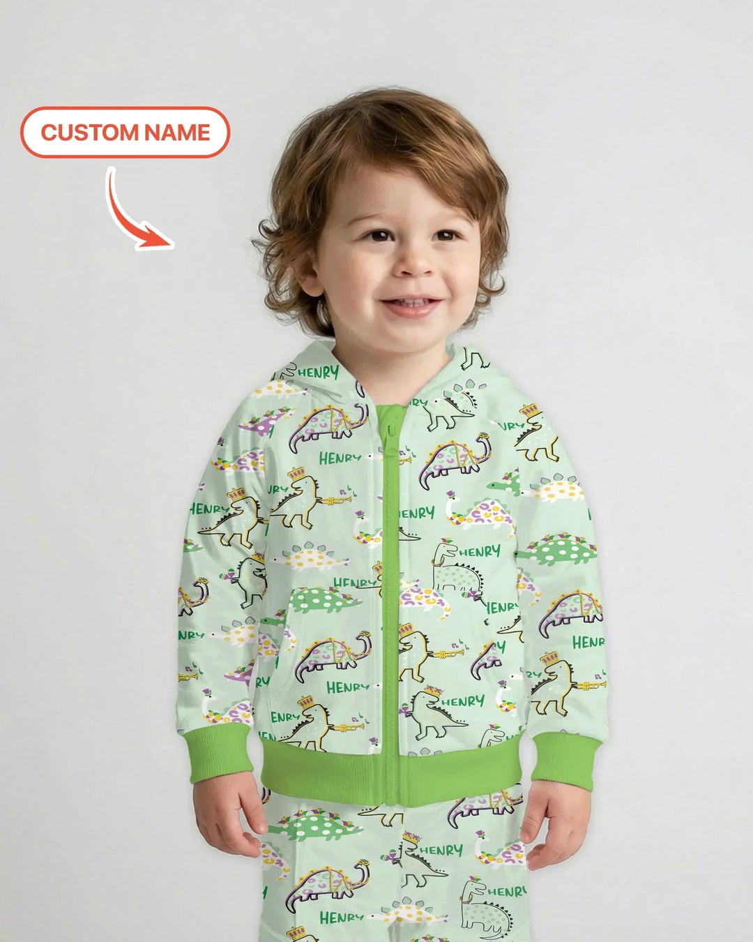 Personalisierter Name Mardi Gras Saurus Kapuzenpullover aus Bambus mit Reißverschluss