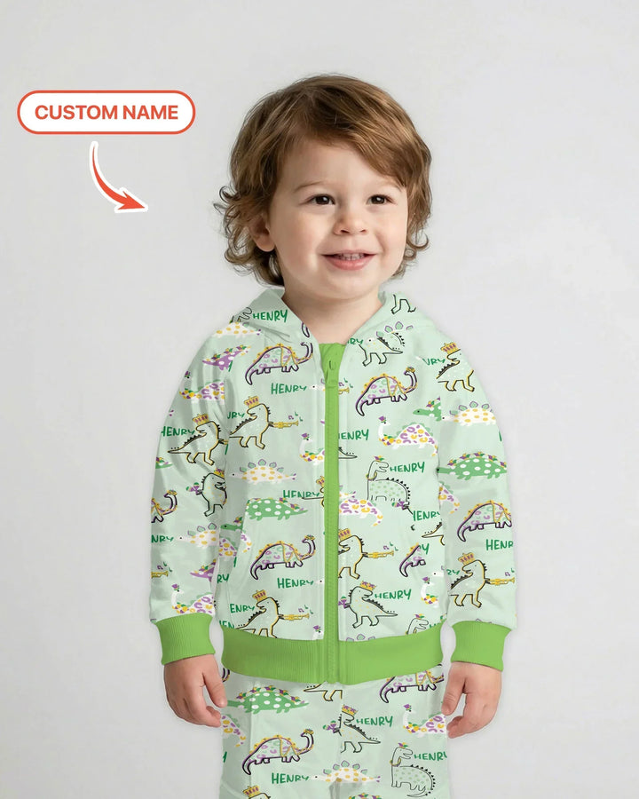 Personalisierter Name Mardi Gras Saurus Kapuzenpullover aus Bambus mit Reißverschluss