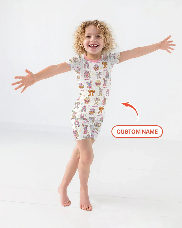 Happy Easter Custom Name Bamboo Two Piece Short Sleeve Shorts Pajama Set