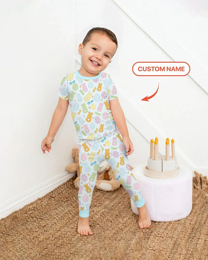 Custom Name Spring Pastel Easter Bamboo Two Piece Short Sleeve Pajama Set