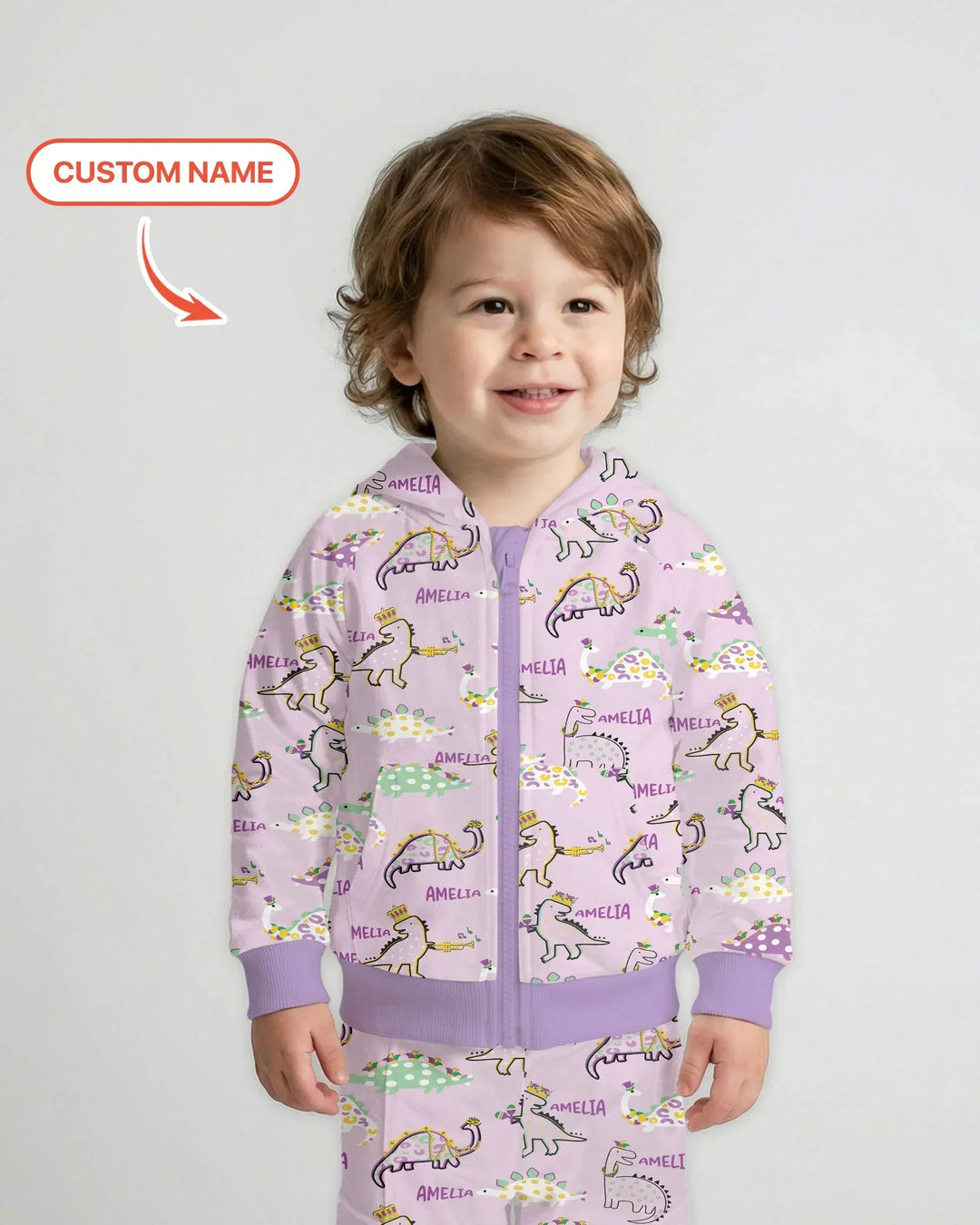 Personalisierter Name Mardi Gras Saurus Kapuzenpullover aus Bambus mit Reißverschluss