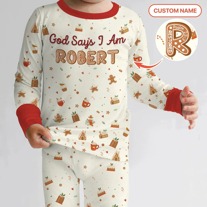 GingerBread God Says I Am Custom Name Two Piece Long Sleeve Pajama Set , GingerBread God Says I Am Custom Name Two Piece Long Sleeve Pajama Set - 12-18M