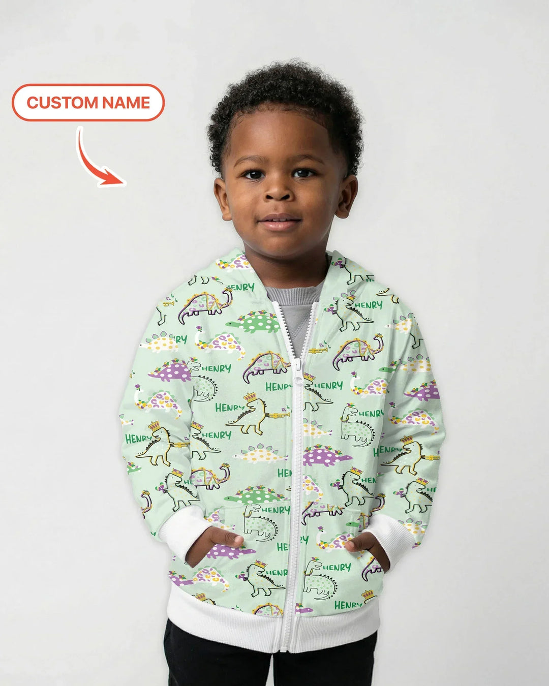 Personalisierter Name Mardi Gras Saurus Kapuzenpullover aus Bambus mit Reißverschluss