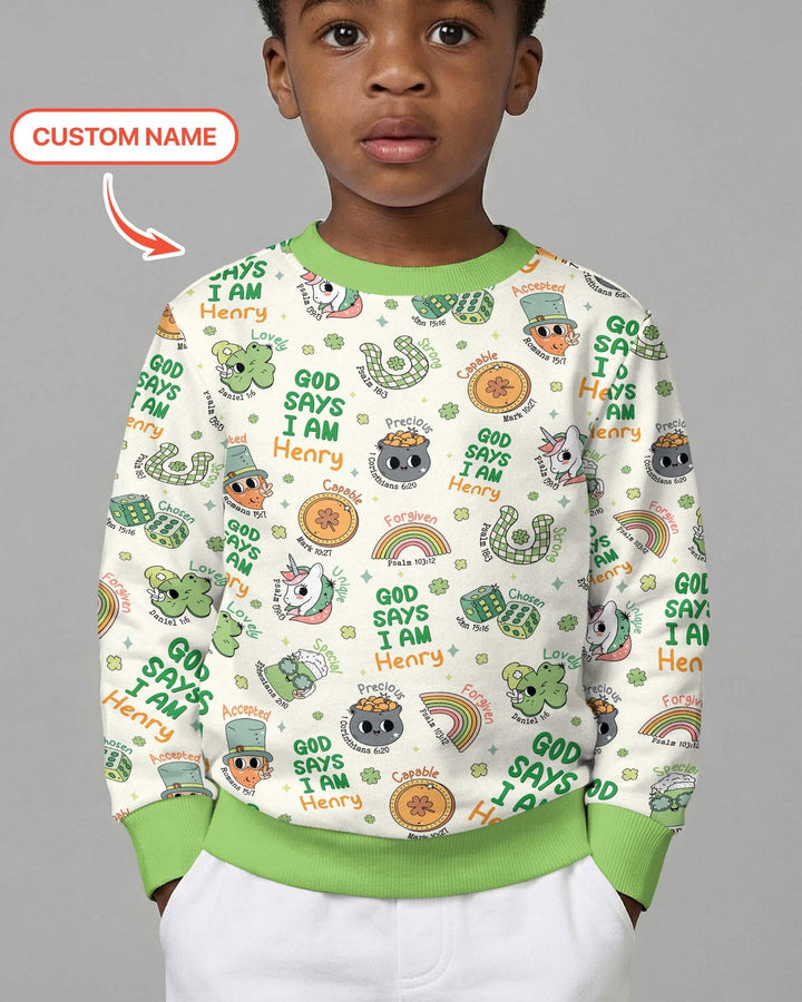 Personalisiertes "Gott sagt, ich bin"-Familien-Sweatshirt aus Bambus zum St. Patrick's Day