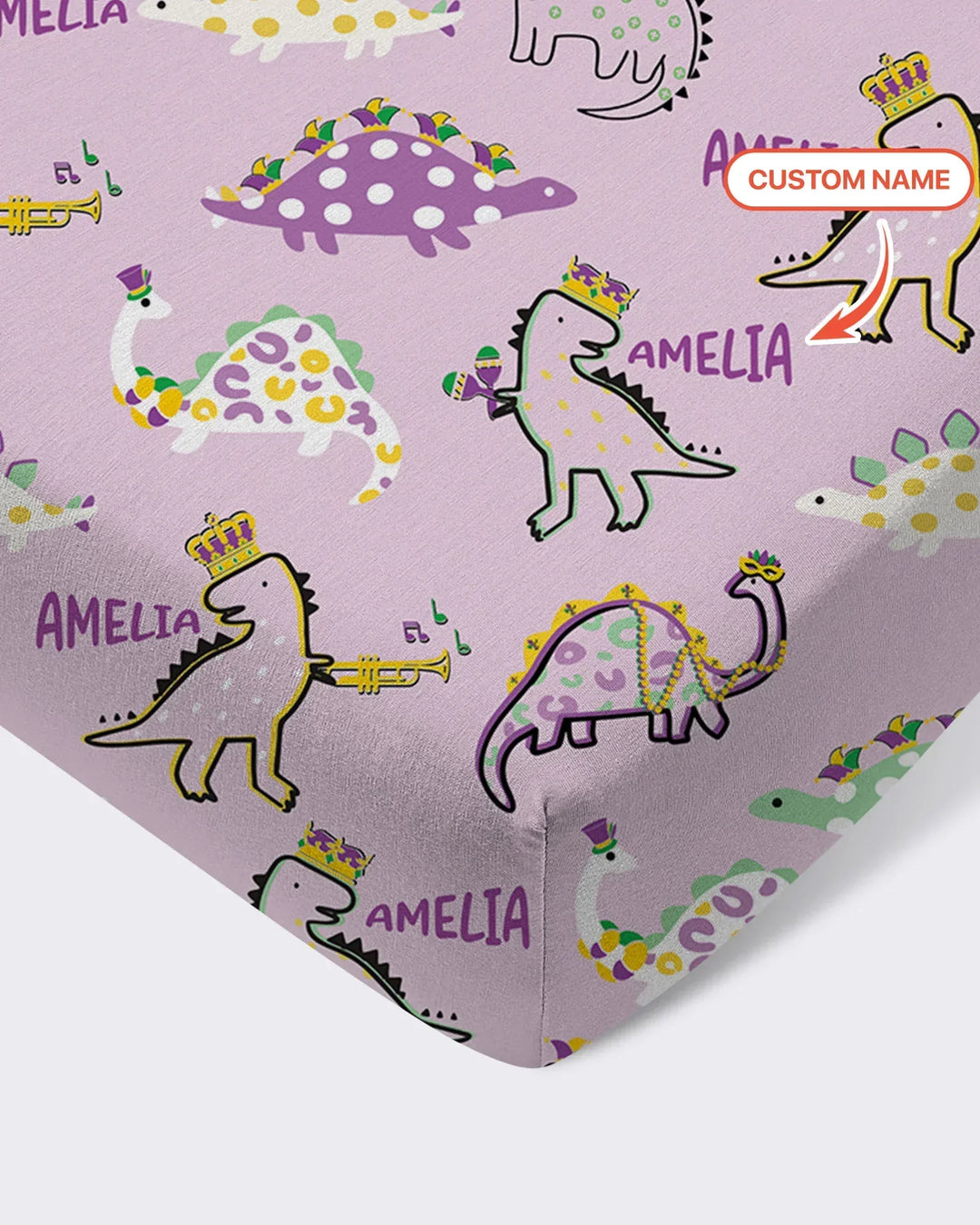 Custom Name Mardi Gras Saurus Bamboo Fitted Crib Sheet