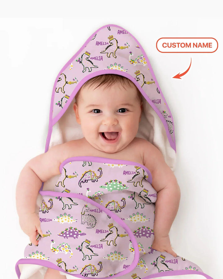 Custom Name Mardi Gras Saurus Hooded Bamboo Towel Set