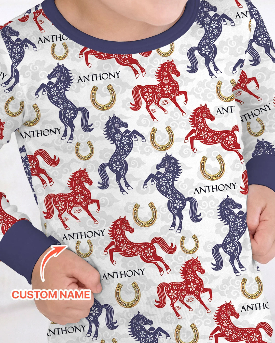 Custom Name Chinoiserie Horses Bamboo Two Piece Long Sleeve Pajama Set
