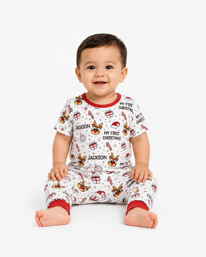 Custom Name Reindeer Doodle My First Christmas Bamboo Two Piece Short Sleeve Pajama Set