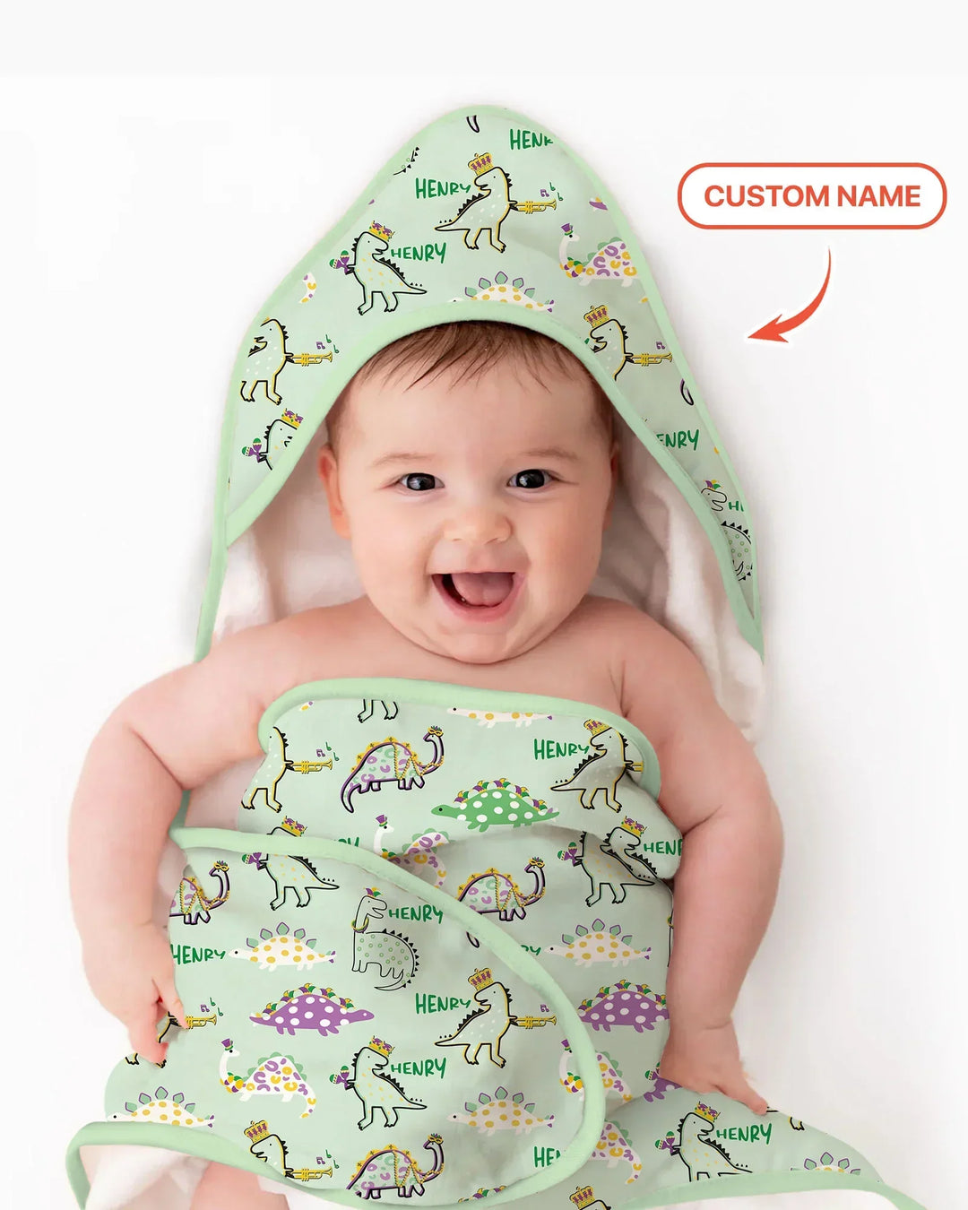 Custom Name Mardi Gras Saurus Hooded Bamboo Towel Set