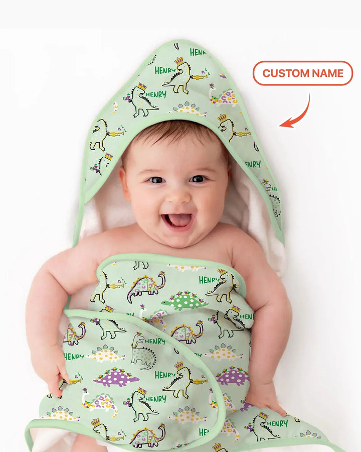 Custom Name Mardi Gras Saurus Hooded Bamboo Towel Set