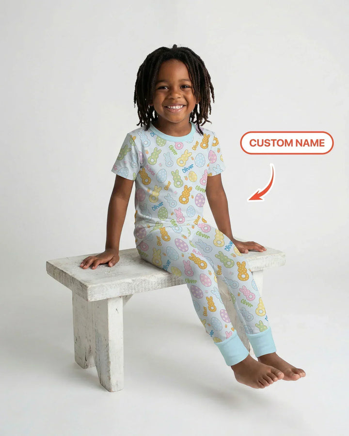 Custom Name Spring Pastel Easter Bamboo Two Piece Short Sleeve Pajama Set