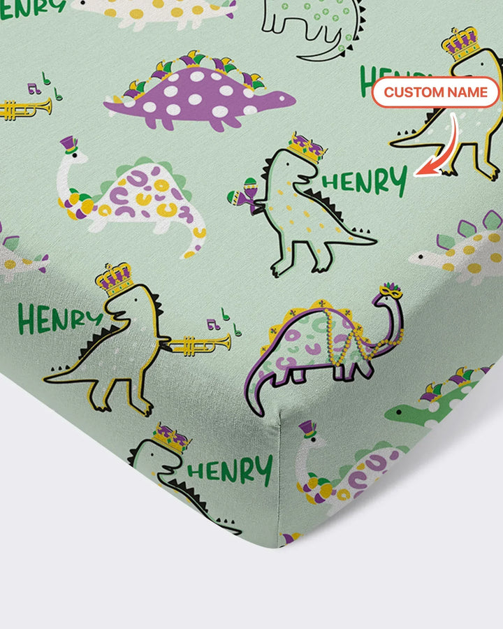 Custom Name Mardi Gras Saurus Bamboo Fitted Crib Sheet