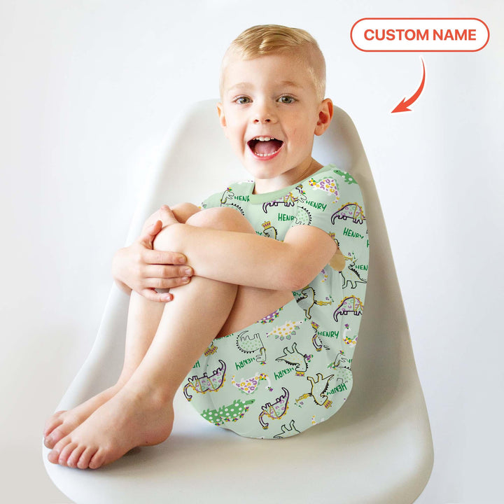 Custom Name Mardi Gras Saurus Bamboo Two Piece Short Sleeve Shorts Pajama Set