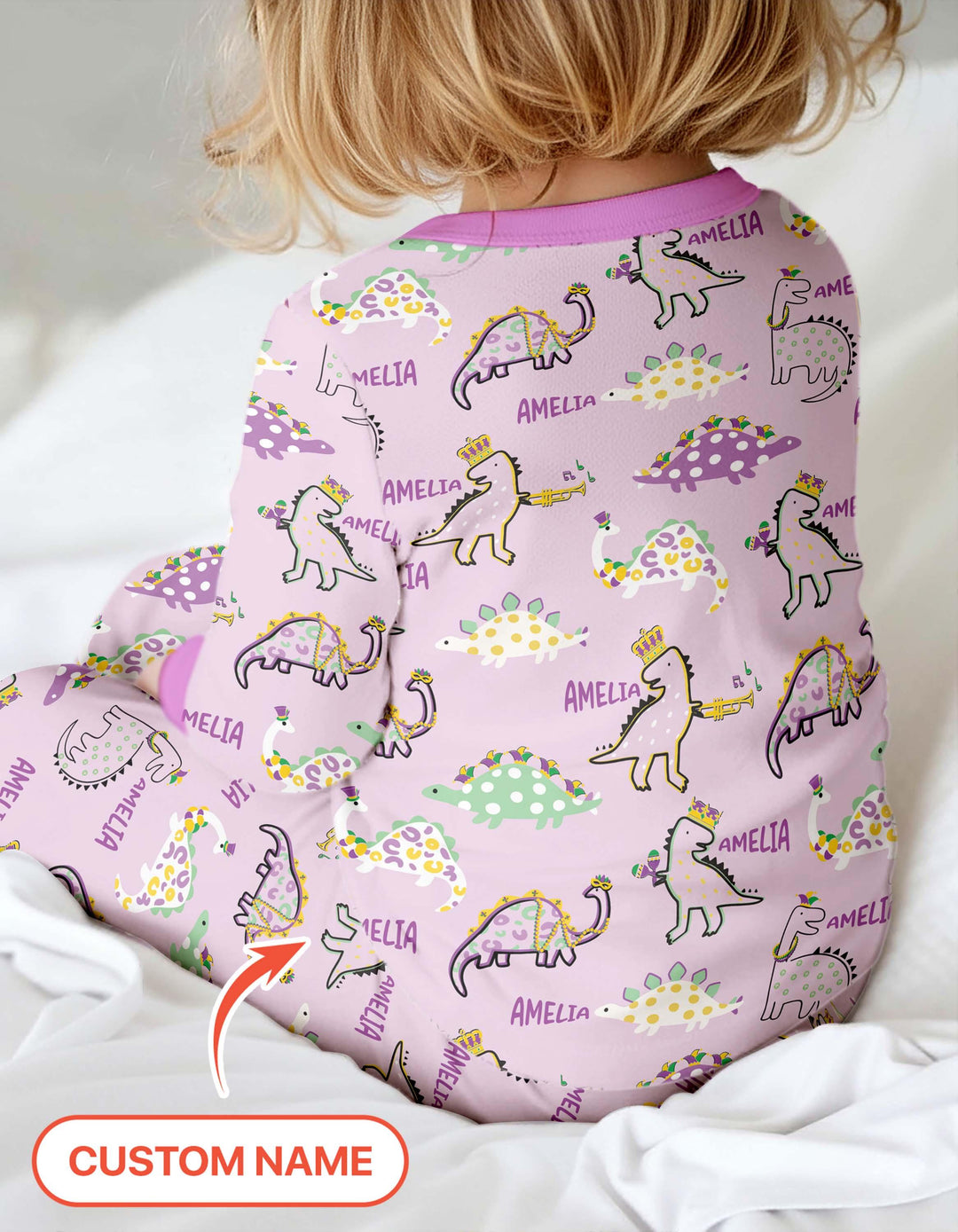 Custom Name Mardi Gras Saurus Bamboo Two Piece Long Sleeve Pajama Set