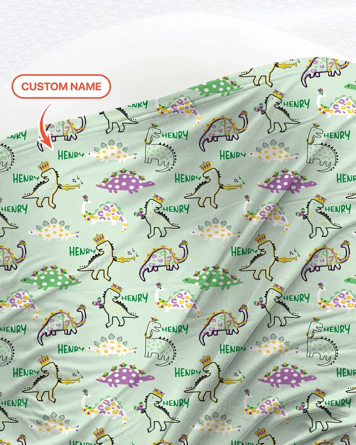 Custom Name Mardi Gras Saurus Bamboo Swaddle Blanket