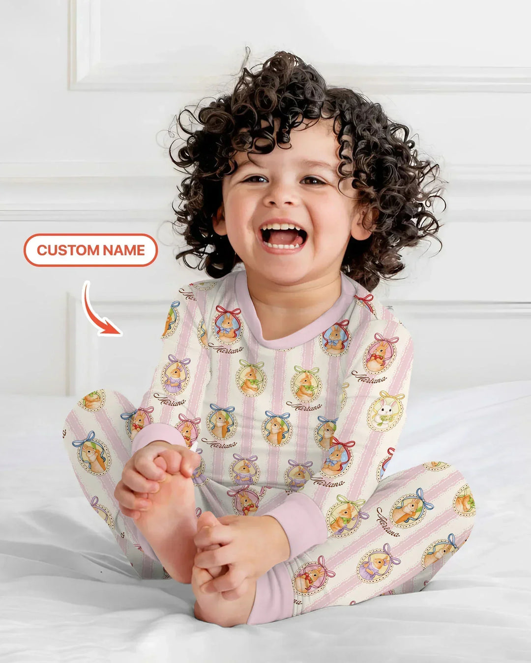 Custom Name Vintage Easter Bunny Bamboo Two Piece Long Sleeve Pajama Set